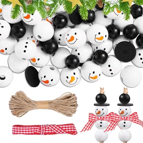 50 Stück Schneemann Holzperlen,20mm Weihnachten Schneemann Holzperlen,Weihnachten Holzperlen mit Gesicht,DIY Basteln Weihnachten,mit 10m Schnur für Weihnachten Deko,Basteldekoration,Winter Party Deko von Bipl