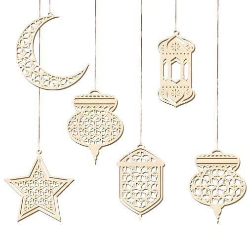 6 Stücke Holz Anhänger Ornament Ramadan, Hohl Mond Stern Wind Licht Form Anhänger Ornament, Ramadan Kareem Dekoration, Eid Mubarak DIY Dekoration Zeichen, für Ramadan Mubarak Eid Party Dekorationen von Bipl