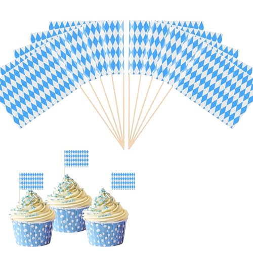 Bayern Oktoberfest Zahnstocher Flaggen, Blau/Weiß Zahnstocher Flaggen Cake Deko, Oktoberfest Deko Sandwich Cupcake, Bayrische Toppers Deko Cocktail Obst Geschirr, für Party Pub Decor (100 Stück) von Bipl