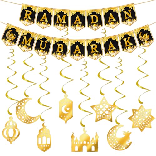 Ramadan Deko, Ramadan Mubarak Banner Deko, Gold Stern Mond Laterne Girlande Anhänger, Eid Mubarak Hängendes Schild Islamische, für Eid Islamic Ramadan Kareem Dekor Partyzubehör von Bipl