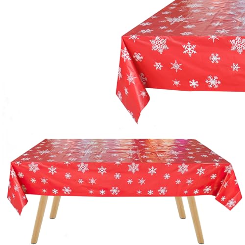 Schneeflocken Tischdecke Weihnachten, Weihnachten Wasserdicht Tischdecke, 137x274cm Rechteckiger Schnee Plastik Tischabdecke, Rot Xmas Tischdecke Esstischdecke, für Weihnachten Winter Party Deko von Bipl