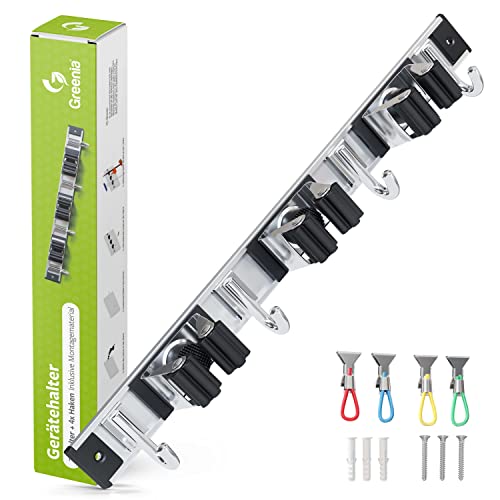 GREENIA Gerätehalter - 4 Haken & 3 Halter (verschiebbar) - erweiterbare Edelstahlschiene - ideal als Gartengerätehalter oder Besenhalterung Wand - Inkl. Handtuch Clips, 44 x 4 x 5, Schwarz von Birsppy