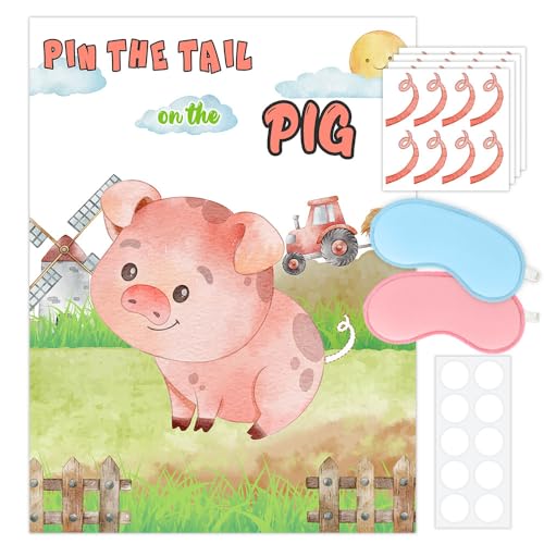 BirDerr Geburtstagsparty-Spiel, Pin The Tail on The Pig Partyspiel, Geburtstagsparty-Spiel mit 48 Stück Schwänzen für Bauernhof-Party-Dekorationen, Oxford-Poster für Kindergeburtstag, von BirtDerr