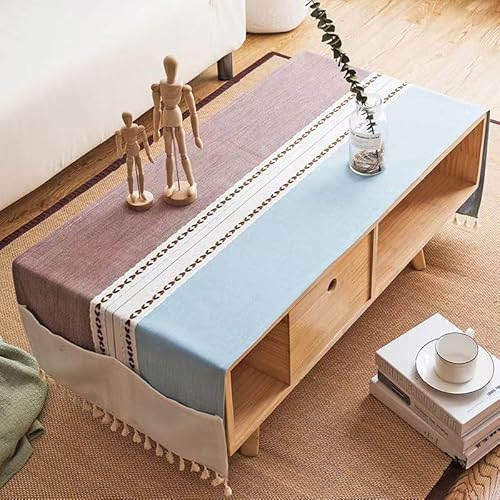 BisQu Rechteckige Couchtischdecke aus Leinen: Elegante Tischdecke mit Taschen für Ihr Wohnzimmer Heimdekoration (60 x 140 cm, J) von BisQu