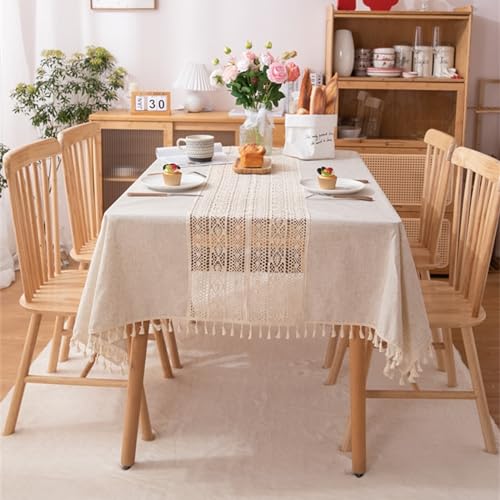 Bishilin Tischdecke Polyester, Tischtuch Outdoor Quadratisch 90x90CM Stickerei Kariert Motiv mit Quasten, Tafeldecke Tischtuch für Draußen Abwaschbar Wasserfest Beige von Bishilin