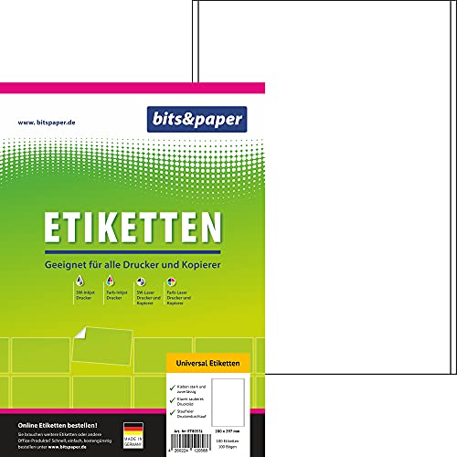 bits&paper ET8055L Universal-Etiketten (200 x 297 mm, 100 Etiketten, Papier matt, A4) 100 Blatt weiße Etiketten von Bits&Paper