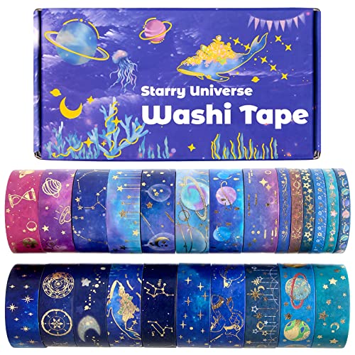 Biuunsf 24 Rollen Washi Tape Set - Goldfolie Glitter Galaxis Masking Tape, Dekoratives Klebeband Bunt für Verschönern Bullet Journals, Diy handwerk, Scrapbooking, Planner von Biuunsf