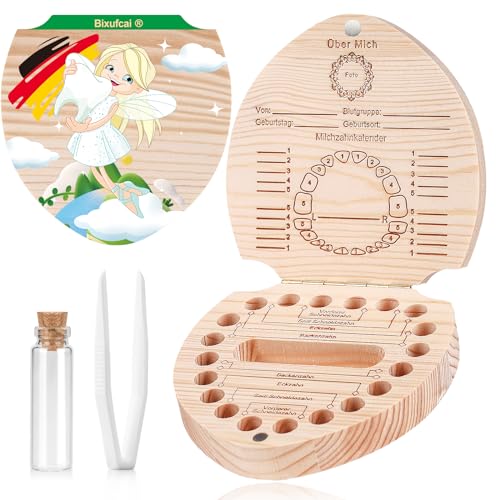 Holz Zahndose Mädchen & Jungen Milchzähne Box Aufbewahrungsbox für Baby-Zähne Zahnbox für Milchzähne Junge & Mädchen mit Display Funktion | Erinnerungsbox Baby Geschenke zur Geburt (Zahnfee(Farbe)) von Bixufcai