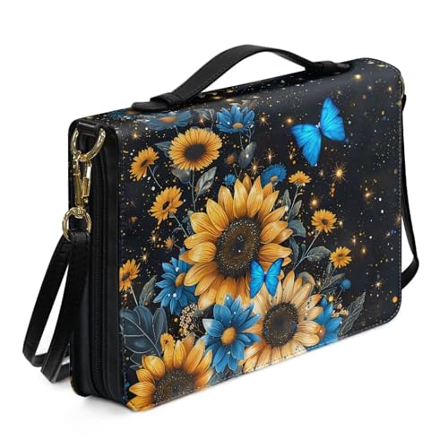 Biyejit Bibelhülle für Damen, Sonnenblumen, Schmetterling, wasserdicht, Crossbody-Tasche mit Griff, Reißverschluss, Damen-Tragetasche, religiöse, christliche Kunst-Accessoires, M-2XL von Biyejit