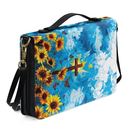 Biyejit Bibeltasche mit Sonnenblumenkreuz, für Damen, Leder, Bibeltasche mit Schultergurt, große Kapazität, Kirchentasche, christliches Zubehör, M-2XL von Biyejit