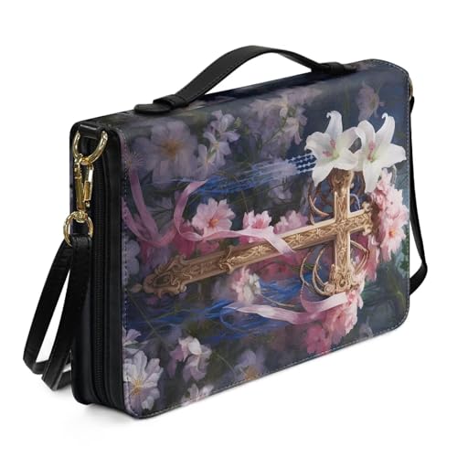 Biyejit Rosa Kreuz-Bibelhülle für Damen, wasserdicht, Crossbody-Tasche mit Griff und Reißverschluss, personalisierte Tragetasche für Stifte, Arbeitsbuch, Textmarker, Größe M-2XL von Biyejit