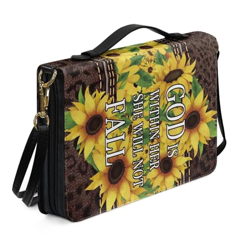 Biyejit Sonnenblumen-Wörter Bibelhülle für Damen, Leder, Bibeltasche mit verstellbarem Riemen, stabiles Bibelschutz, christliches Zubehör, Größe M-2XL von Biyejit