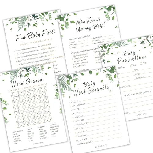 Babyparty-Spiele, unisex, botanisches Design, geschlechtsneutrales umweltfreundliches Papier für Babypartys mit Dschungel-Thema, 50 Stück Babyparty-Spiele, unisex, botanisches Design, geschlechtsneutrales umweltfreundliches Papier für Babypartys mit Dschungel-Thema, 50 Stück von Bizaical