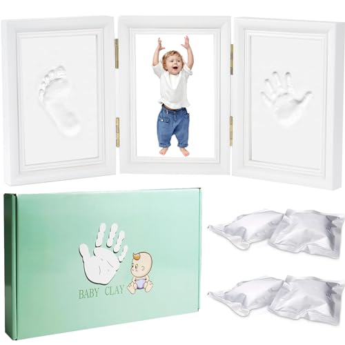 Bizcasa Baby Fußabdruck Set, Handabdruck Baby Bilderrahmen, 3 in 1 Baby Bilderrahmen, für Hand-Abdruck, Fuß-Abdruck & Fotos, Fussabdruck Set für Baby Geschenk (B1-46.5x20.5cm) von Bizcasa