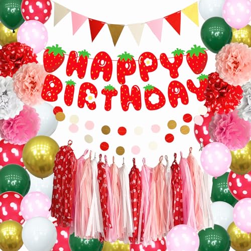 Erdbeere Happy Birthday Party Dekorationen Set - Papier Banner Luftballons Seidenpapier Pom Poms Blume Tissue Girlande für Frauen Mädchen Junge Happy Birthday Party Dekoration von Bizikunst