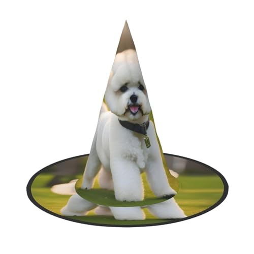 Bkdogkt Bichon Frisé-Hund auf dem Gras, Druck für Erwachsene, Hexenhut, Karneval, Halloween, Party, Maskerade, Cosplay, Urlaubsdekoration von Bkdogkt