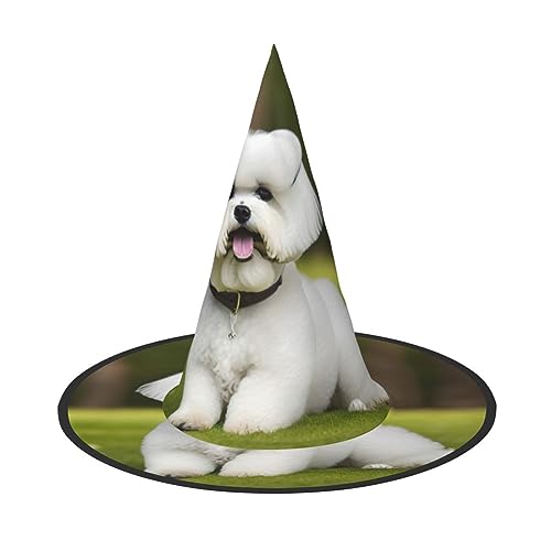 Bkdogkt Niedlicher Bichon-Frisé-Hunde-Druck, Hexenhut, für Erwachsene, Karneval, Halloween, Party, Maskerade, Cosplay, Urlaubsdekoration von Bkdogkt