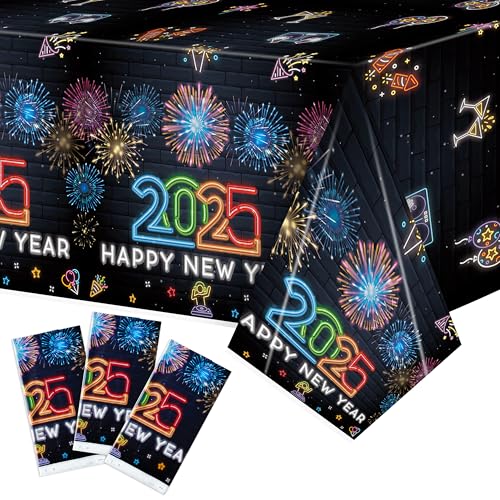 BkeeCten 3 Stück 2025 Happy New Year Neon Glow in The Dark Tischdecken Neon Silvester Dekoration Tischdecke Rechteckige Einweg-Tischdecke für Silvester Party Feier Karneval Party Tischzubehör von BkeeCten