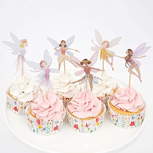 24 Stück Feen Cupcake Topper, Feen Geburtstag Deko Cupcake Picks für Mädchen Geburtstag, Pappbecher Kuchenaufsatz Feen Geburtstag Deko, Ballerina Kuchen Topper Blume Fee Kuchendekor von Bkemkri