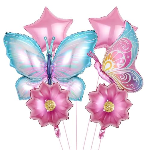 6 Stück Schmetterling Folienballon, Schmetterling Luftballon Geburtstagsdeko, Bunt Schmetterling Deko Rosa Blumen Stern Ballon, Schmetterlinge Themenballon Kindergeburtstag für Mädchen von Bkemkri