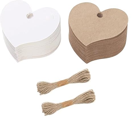 Bkemkri 200 Stück Geschenk Anhänger Kraftpapier Geschenkanhänger mit Herz und Jute für Hochzeit Dekoration Party Geschenk Etiketten, Wunschetiketten Geeignet Geburtstag Basteln (Braun & Weiß) von Bkemkri