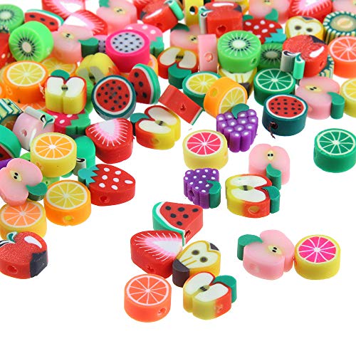 200 Stück Obst Perlen zum Auffädeln, Bunte Polymer Clay Beads Früchten Bastelperlen, Weiche Keramik Perlen für Kinder Armbänder, Fruit Beads for Threading für DIY Armband Halskette Ohrringe von Bkemkri