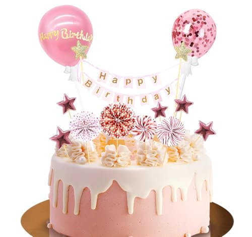 Tortendeko Geburstagstorte, Happy Birthday Kuchendeko, Glitter Cake Topper, Sterne Cupcake Tortenstecker, Liebe und Papierfächer Sterne und Liebe Konfetti-Luftballons für Mädchen Junge (Rosegold) von Bkemkri