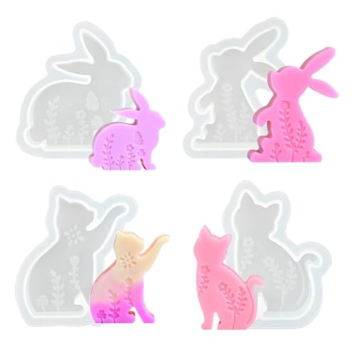 Bkljkf 4 Stück Osterhase Silikonform, Silikonform Ostern, Ostern Hase Silikonformen Gießformen, Kaninchen Katzen Silikonform Kerzenformen Seifenform Epoxidharz Formen von Bkljkf