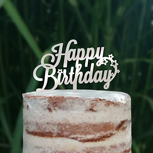 Cake Topper (Happy Birthday) Geburtstag, Sterne, Acryl/Holz, Tortenstecker, Tortenfigur, Tortendeko, Torte, Tortenständer (Silber) von Blacked LaserTEC