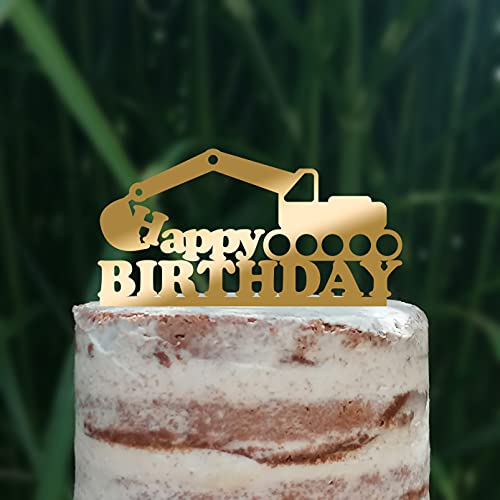Cake Topper (Happy Birthday) Geburtstag Bagger Deko (Gold) von Blacked LaserTEC