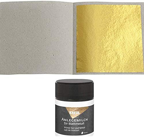 50 Blatt Blattgold Imitat Blattmetall Schlagmetall zum Vergolden & Basteln Kunst Handwerk Vergoldung Dekoration Möbel Malerei + 1 x Kreul Anlegemilch 50 ml von Blattgold-Blattsilber