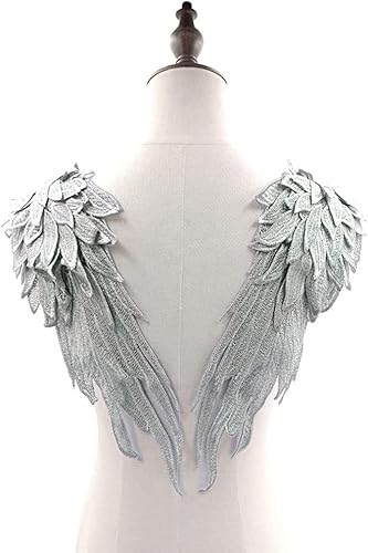 1 Paar Angel Wings Patch,Engelsflügel Aufnäher zum Aufnähen,Kleidung Borten,Flügel Patches,Gestickte Flügel Motiv Applikationen,für DIY Design T-Shirt,Dekoration oder Reparatur,Silbergrau,39 x 15 cm von Blausky