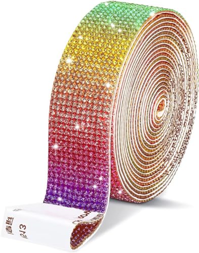 1 Rollen Selbstklebend Strassband,Glitzerband,Strass Bling Band Diamant Aufkleber,Glitzersteine für Kunsthandwerk DIY Hochzeit Party Dekoration,Regenbogen,14 Reihen (Breite 3,1 cm) von Blausky