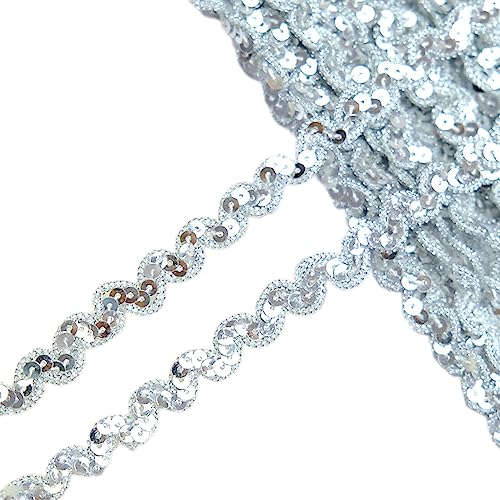 1 Stück 1cm x 13m Paillettenband,Flache Glitter Paillette,Gewelltes Band Dekoband Glitzer Borte Pailletten-Wellenband Paillette Trim für Diy Nähen Kleid Handwerk Schmuck Machen,Silber von Blausky