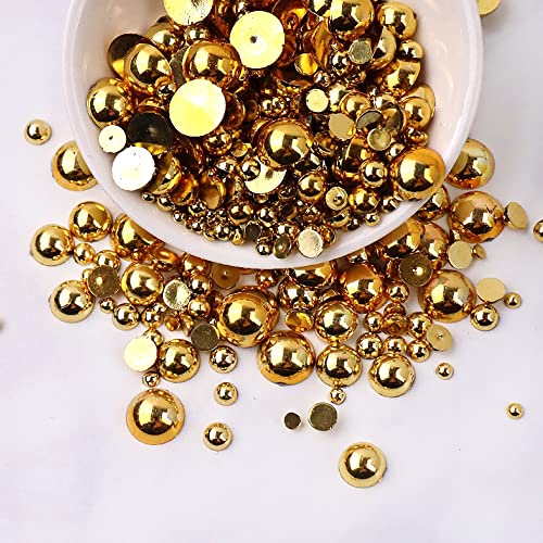 10mm x 60 Stück Perlen mit Flacher Rückseite,Halbrunde Perlen Flache Rücken Lose Perlen Glanz Kunstperle Halbperlen zum Basteln,Dekoperlen für DIY Maniküre Scrapbooking,Gold von Blausky