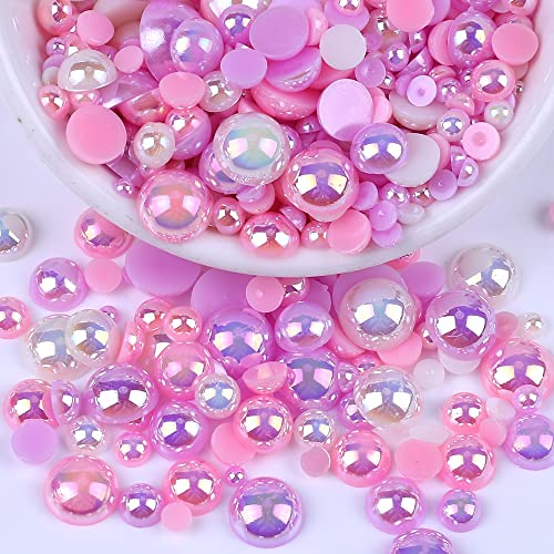 120 Stück Flache Rückseite Halbrunde Perlen,Flache Rücken Perlen,Kunstperle Lose Perlen Bunte Halbperlen,Imitationsperlen Dekoperlen für DIY Maniküre,Schmuckherstellung,6 mm,Lila-Pink von Blausky