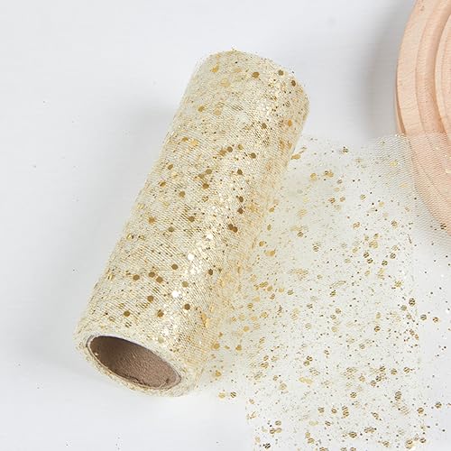 15 cm x 10 Yards Tüll Stoff Rolle mit Kleine Pailletten,Glitzer Tüll Tüllband Glitter Tüll Rollen Dekostoff,für DIY Bekleidung,Deko Hochzeit Party Bankett(Keine Papierrolle),Creme von Blausky