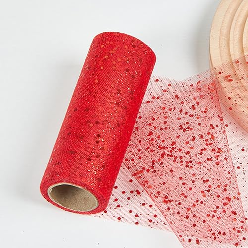 15 cm x 10 Yards Tüll Stoff Rolle mit Kleine Pailletten,Glitzer Tüll Tüllband Glitter Tüll Rollen Dekostoff,für DIY Bekleidung,Deko Hochzeit Party Bankett(Keine Papierrolle),Rot von Blausky