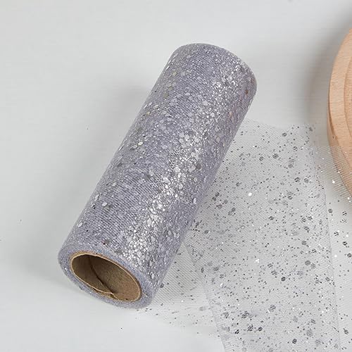 15 cm x 10 Yards Tüll Stoff Rolle mit Kleine Pailletten,Glitzer Tüll Tüllband Glitter Tüll Rollen Dekostoff,für DIY Bekleidung,Deko Hochzeit Party Bankett(Keine Papierrolle),Silber von Blausky