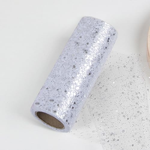 15 cm x 10 Yards Tüll Stoff Rolle mit Kleine Pailletten,Glitzer Tüll Tüllband Glitter Tüll Rollen Dekostoff,für DIY Bekleidung,Deko Hochzeit Party Bankett(Keine Papierrolle),Weiß von Blausky