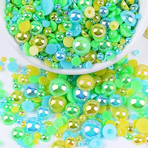 200 Stück Flache Rückseite Halbrunde Perlen,Flache Rücken Perlen,Kunstperle Lose Perlen Bunte Halbperlen,Imitationsperlen Dekoperlen für DIY Maniküre,Schmuckherstellung,5 mm,Gelb-Blau-Grün von Blausky