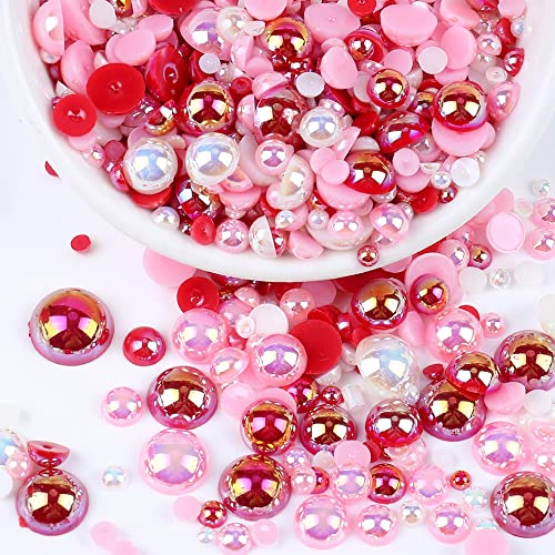 300 Stück Flache Rückseite Halbrunde Perlen,Flache Rücken Perlen,Kunstperle Lose Perlen Bunte Halbperlen,Imitationsperlen Dekoperlen für DIY Maniküre,Schmuckherstellung,8 mm,Rot-Pink von Blausky