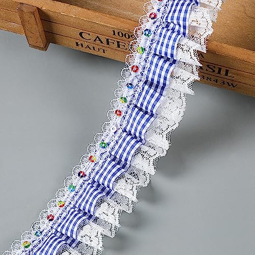 5 cm x 10 Yards Spitze Trim,Rüschenband mit Paillette Plaidband Dekoband Zierband Plissiertes Kariertes Band Geschenkband Pailletten Bänder zum Nähen,für Hochzeit Tischdeko Basteln,Blau von Blausky