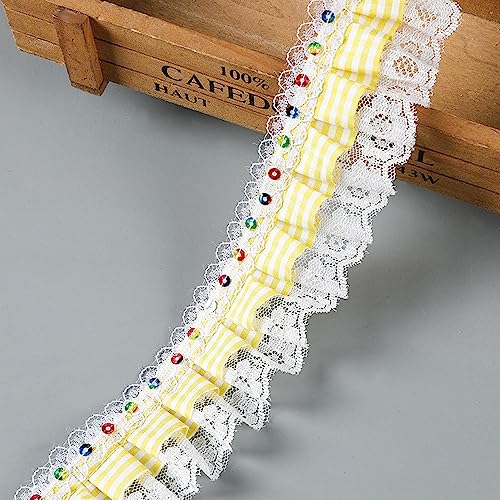 5 cm x 10 Yards Spitze Trim,Rüschenband mit Paillette Plaidband Dekoband Zierband Plissiertes Kariertes Band Geschenkband Pailletten Bänder zum Nähen,für Hochzeit Tischdeko Basteln,Gelb von Blausky