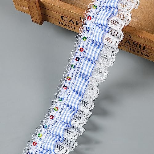 5 cm x 10 Yards Spitze Trim,Rüschenband mit Paillette Plaidband Dekoband Zierband Plissiertes Kariertes Band Geschenkband Pailletten Bänder zum Nähen,für Hochzeit Tischdeko Basteln,Hellblau von Blausky