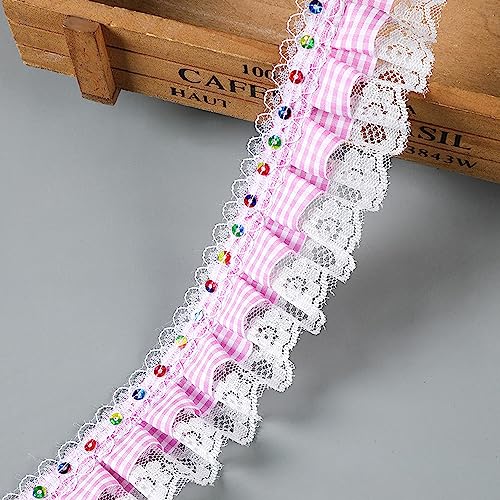 5 cm x 10 Yards Spitze Trim,Rüschenband mit Paillette Plaidband Dekoband Zierband Plissiertes Kariertes Band Geschenkband Pailletten Bänder zum Nähen,für Hochzeit Tischdeko Basteln,Rosa von Blausky