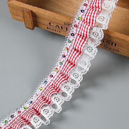 5 cm x 10 Yards Spitze Trim,Rüschenband mit Paillette Plaidband Dekoband Zierband Plissiertes Kariertes Band Geschenkband Pailletten Bänder zum Nähen,für Hochzeit Tischdeko Basteln,Rot von Blausky