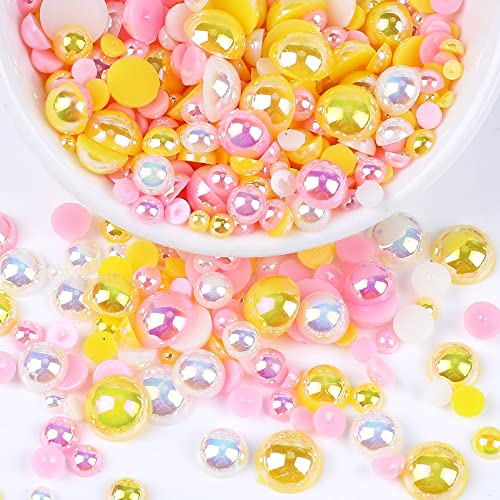 60 Stück Flache Rückseite Halbrunde Perlen,Flache Rücken Perlen,Kunstperle Lose Perlen Bunte Halbperlen,Imitationsperlen Dekoperlen für DIY Maniküre,Schmuckherstellung,8 mm,Orange-Pink von Blausky