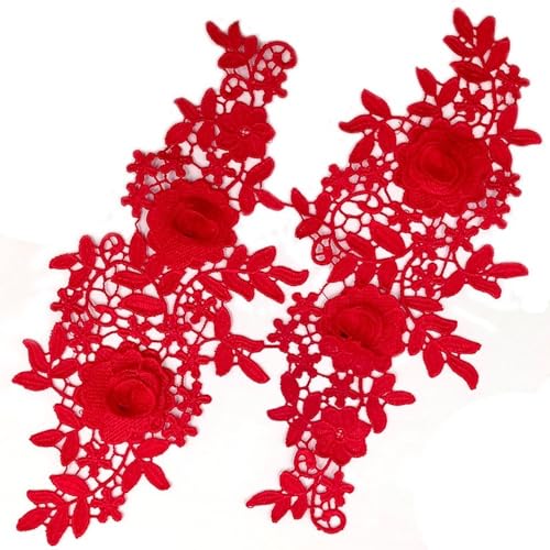 Blausky 1 Paar 3D Stickerei Spitze Applikation,Gestickte Spitze Ausschnitt,Bestickt Patch,Blumen-Stickapplikationen,Dreidimensionale Blumen Applique,Blumen Patches,für Nähen Annähen,27 x 12 cm,Rot von Blausky