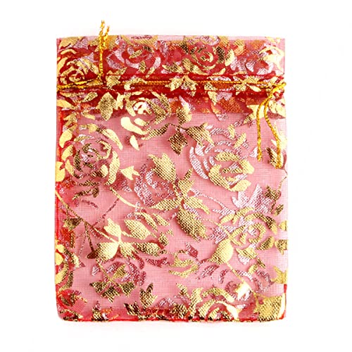 Blausky 100 Stück Organzasäckchen Rosen Organzabeutel Schmuckbeutel Geschenkbeutel mit Kordelzug Geschenktüten für Verpackung Schmuck,Perlen,Hochzeiten,Weihnachten,Süßigkeiten,Rot,20 x 30 cm von Blausky